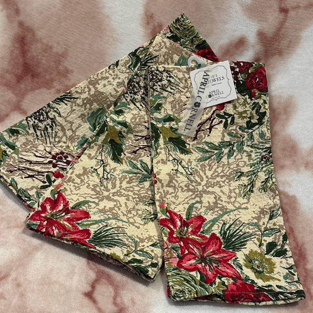 April Cornell Floral Kitchen Tea Towels, Set of 3,  NWT Cotton 19”x27”